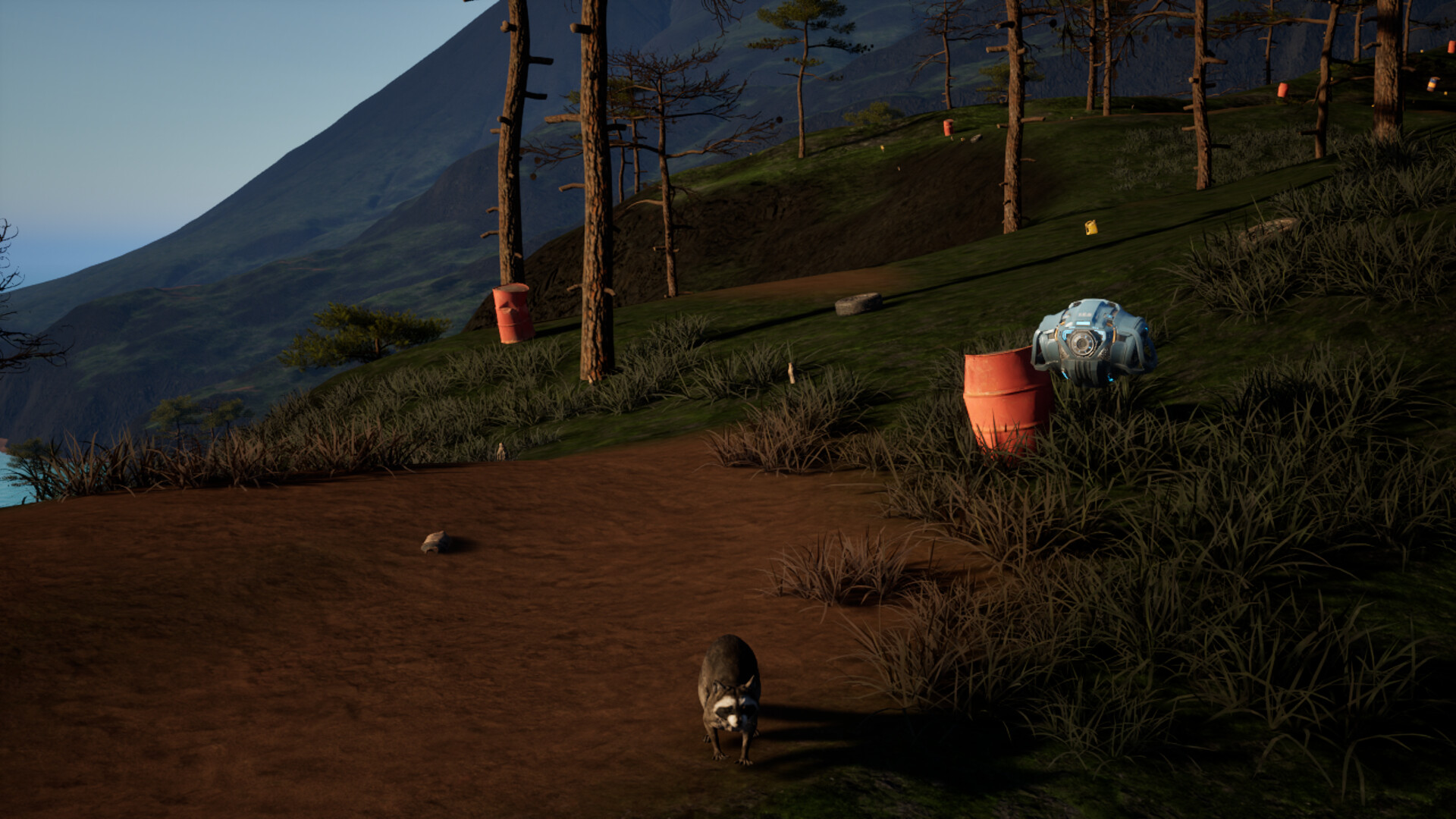 Paws & Circuits screenshot: raccoon exploring the island