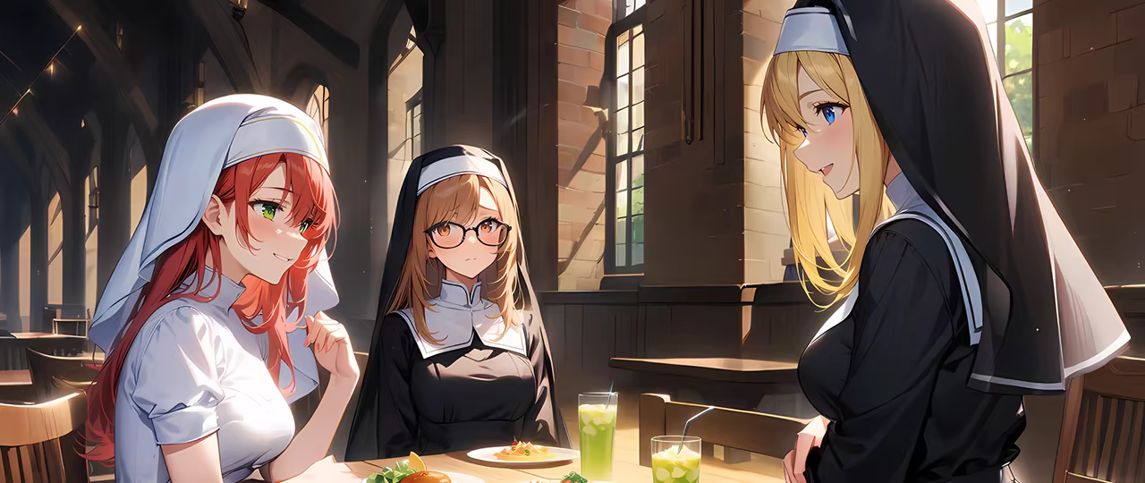 Three nuns around a table, having a meal. On the left, a red haired nun with green eyes and a white habit with short sleeves looks embarrassed but accepting. On the right, a blonde haired nun with blue eyes wearing a black habit stands, looking welcoming. In the center background, a brown haired nun wearing black rimmed glasses with brown eyes and a black habit sits, looking apprehensive.
