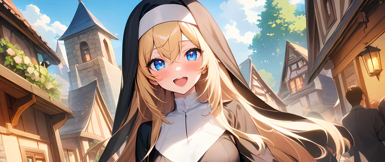 A blonde nun standing in a busy road of a small rural village. She looks excited.