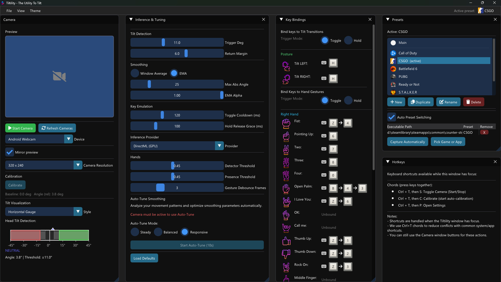 Tiltility - interfaz de configuración y previsualización de cámara