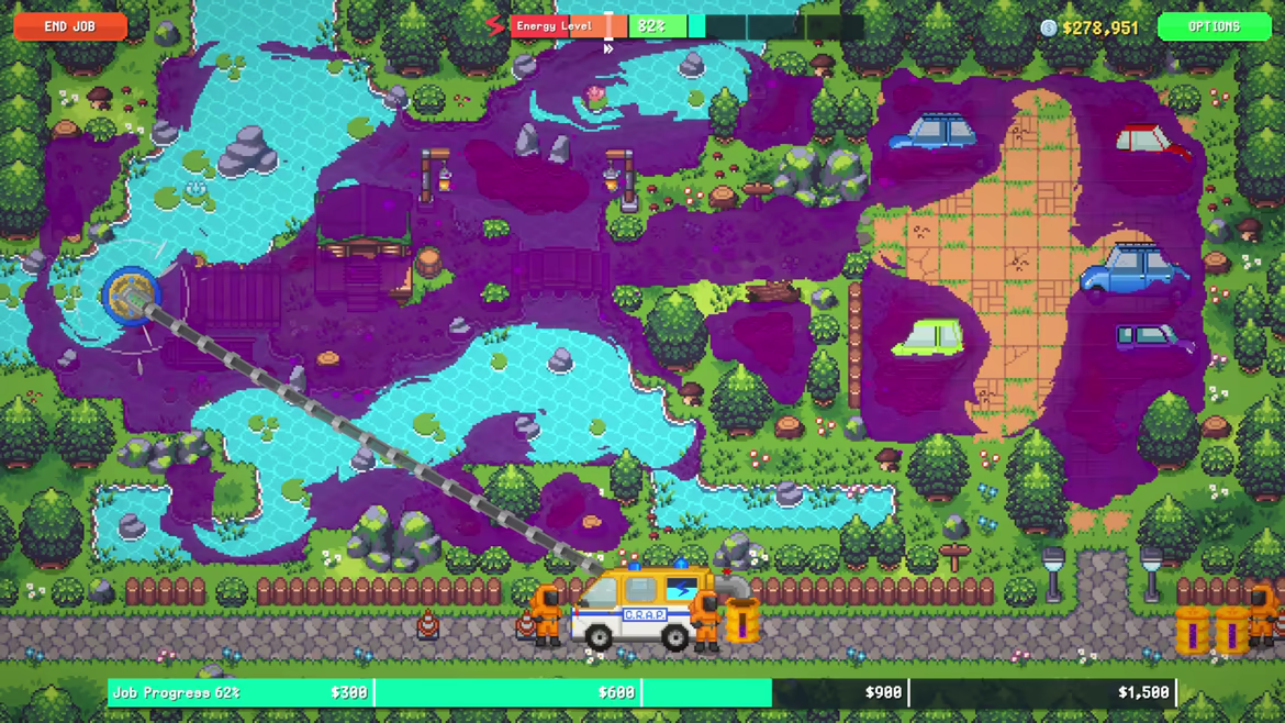 Sludgineers gameplay clip showing the vacuum hose stripping purple sludge off a field