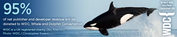 Banner showcasing an Orca with the text "95% of net publisher revenue will be donated to WDC, Whale and Dolphin Conservation. WDC is a UK registered charity (No. 1014705)"