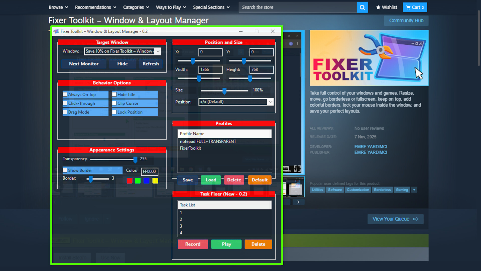 #1. Fixer Toolkit – Window & Layout Manager (Steam) By: EMRE YARDIMCI