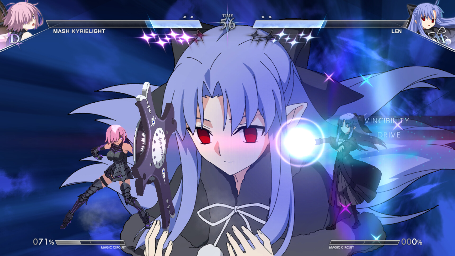 Len unleashing a cinematic super against Mash Kyrielight in Melty Blood: Twi-Lumina