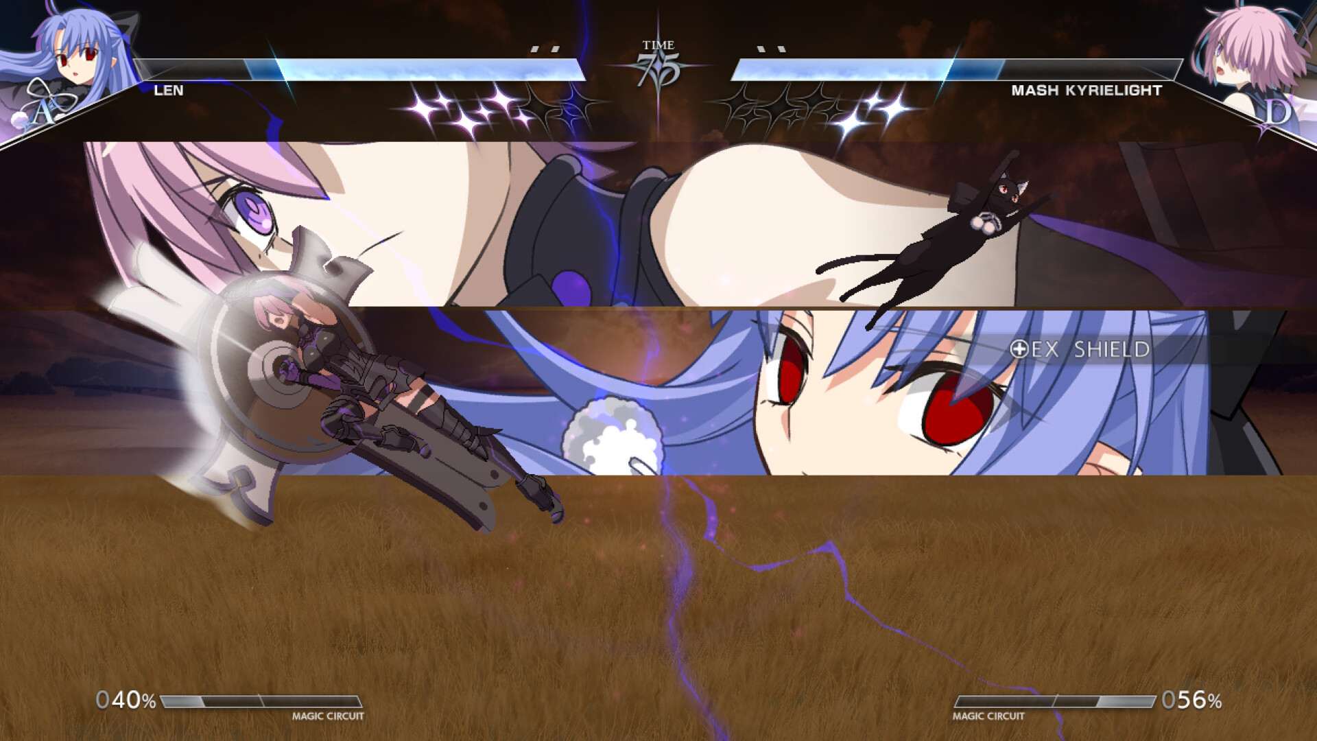 An EX Shield cut-in triggering during a Len versus Mash Kyrielight match in Melty Blood: Twi-Lumina