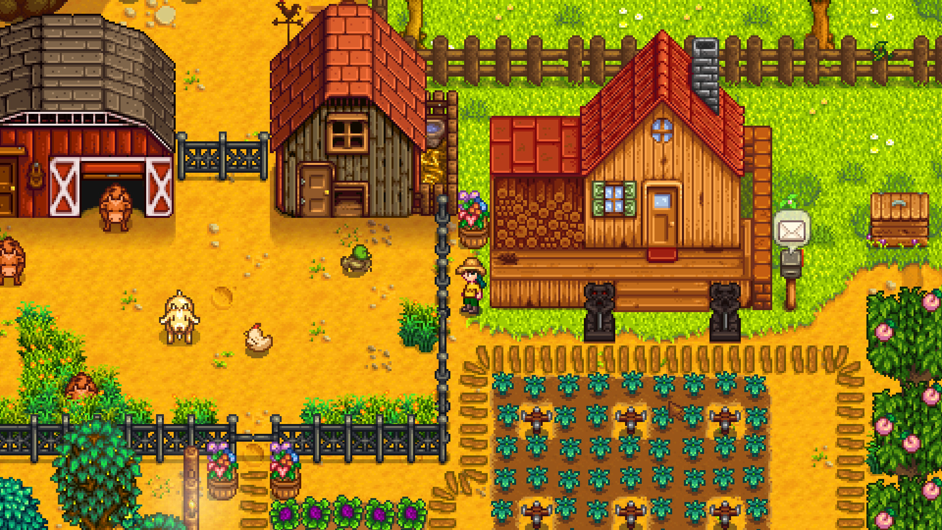 A farm in late summer in Stardew Valley