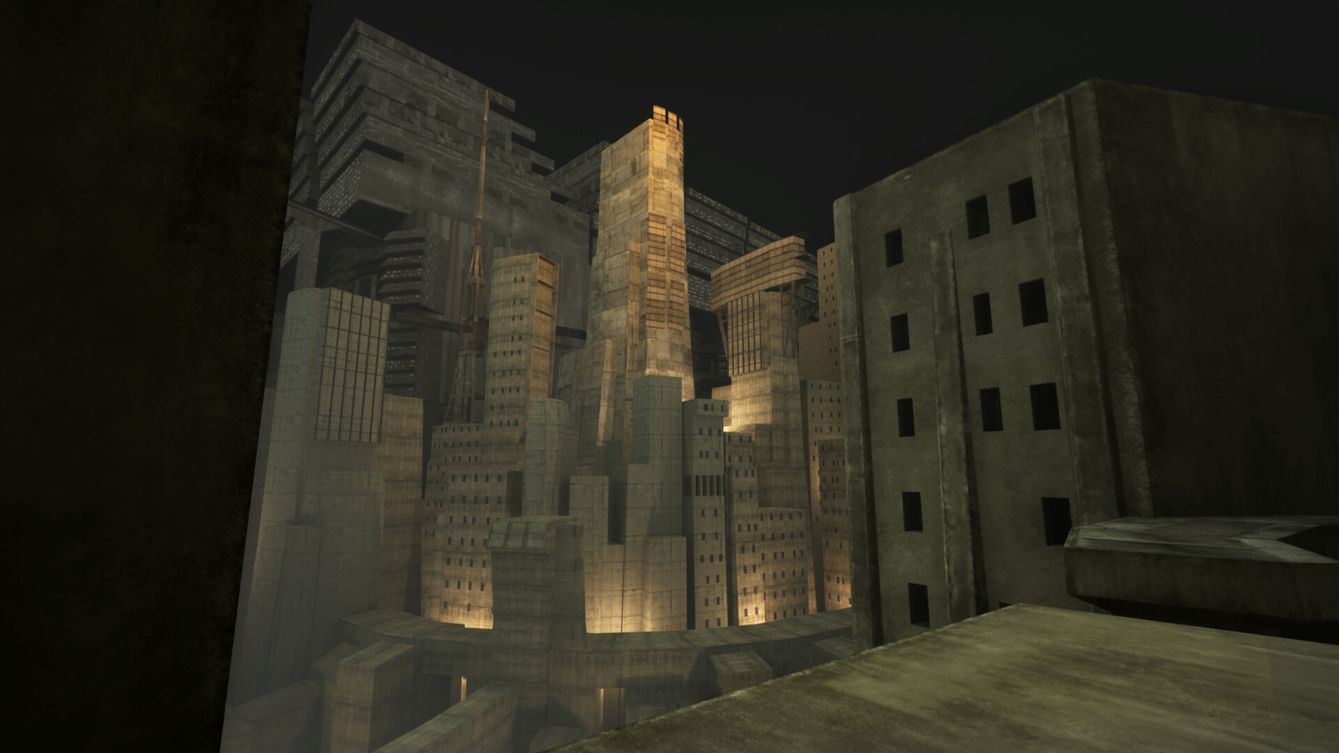 The illuminated brutalist city skyline in VHOLUME