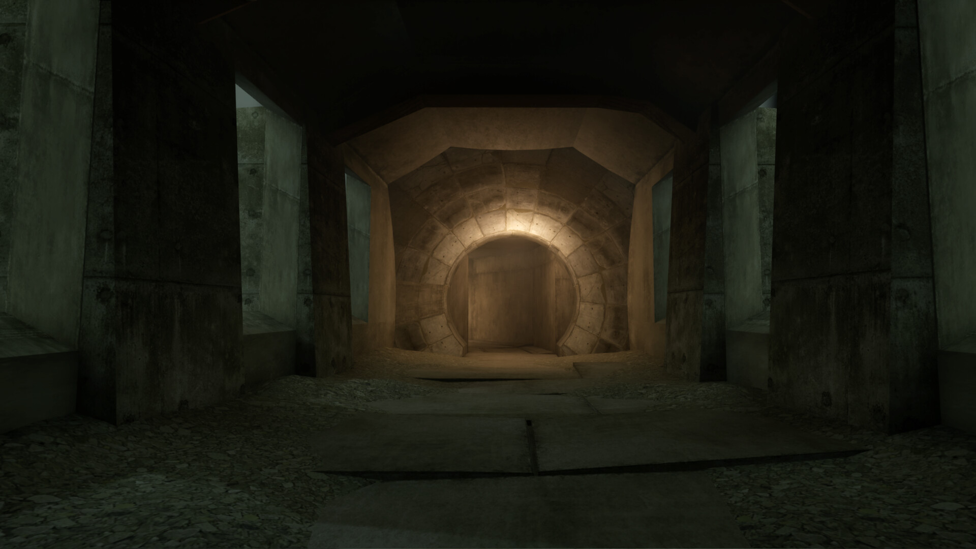 A circular doorway at the end of a dark VHOLUME passage