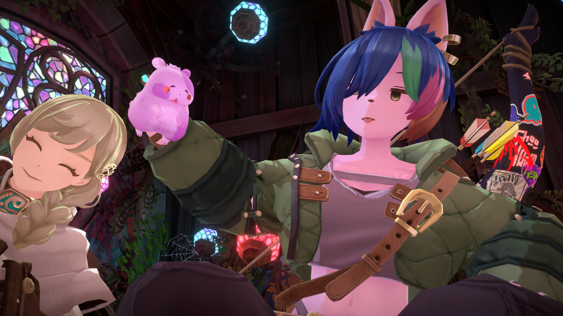 Two Knights of Fiona characters standing inside a colorful hub town shop hung with goods and lit by stained glass, one of them holding a small pink creature