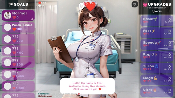 Screenshot of Hentai Clicker: Eva is streaming gameplay showing in-action mechanics