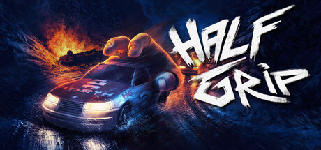Half Grip header art showing a pixelated armed race car speeding down a harsh track