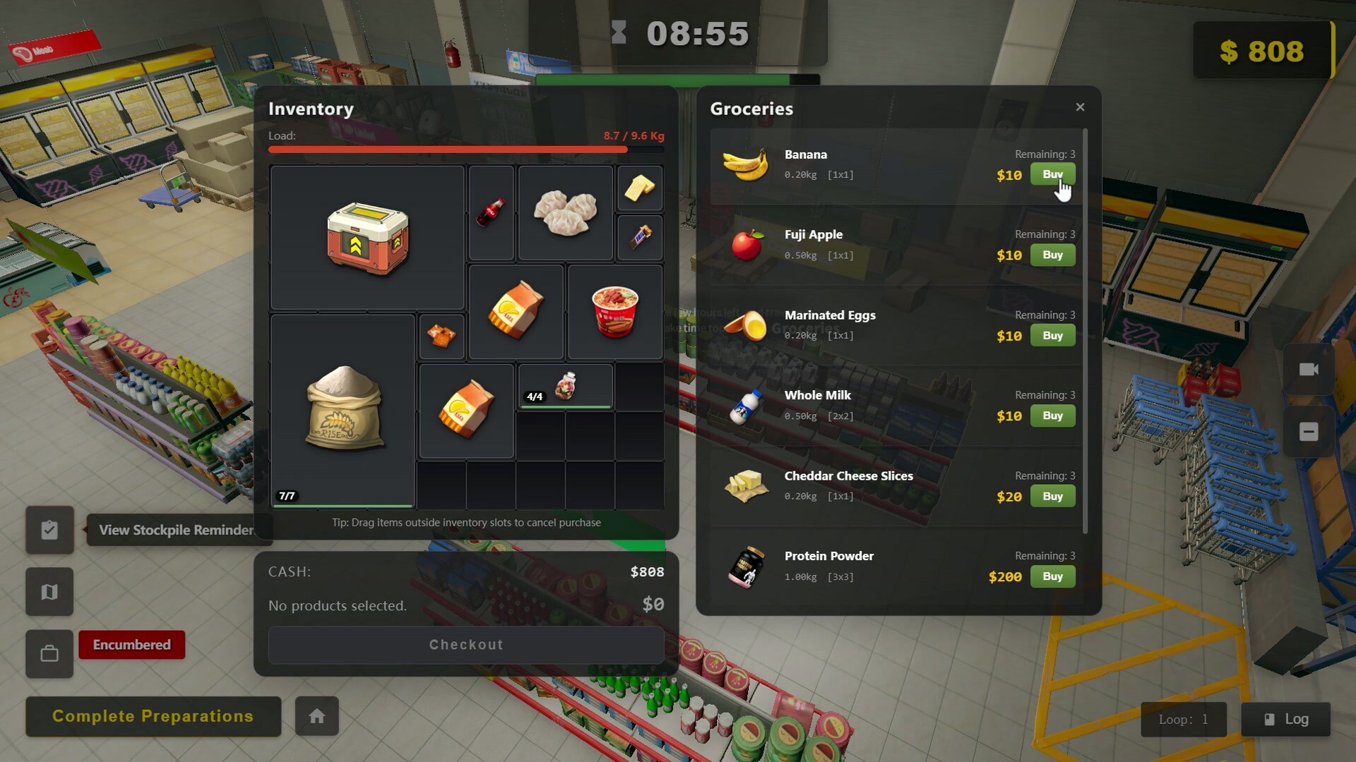 Survival Log公式スクリーンショット、スーパーマーケットで残り時間と所持金を確認しながら食品を買い込むインベントリ画面