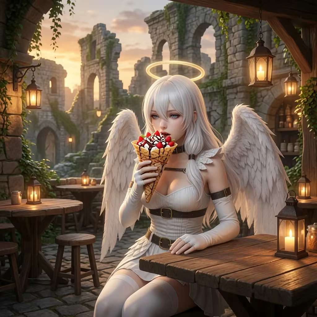 Elariel, a white-haired angel, enjoys a strawberry crepe at an outdoor table.
