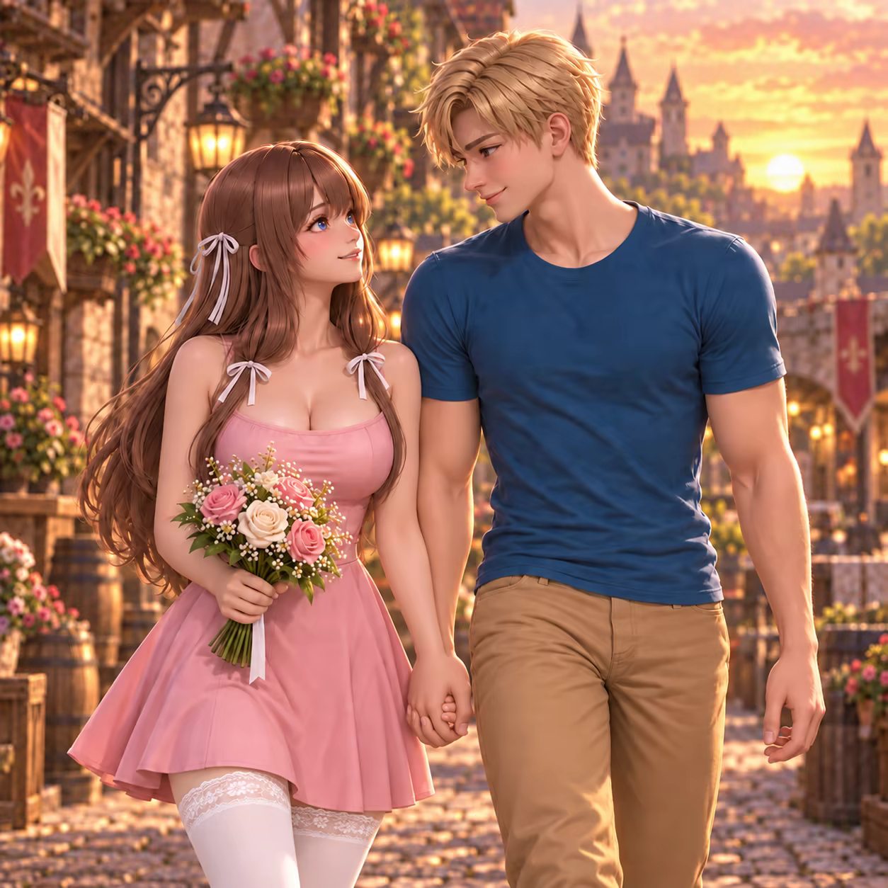 Liora and Rylan hold hands on a lantern-lit street after their date.