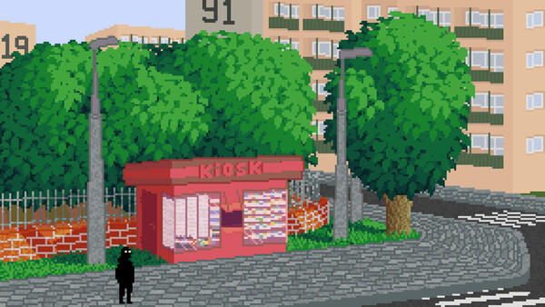 Screenshot of Kiosk 199X gameplay showing in-action mechanics