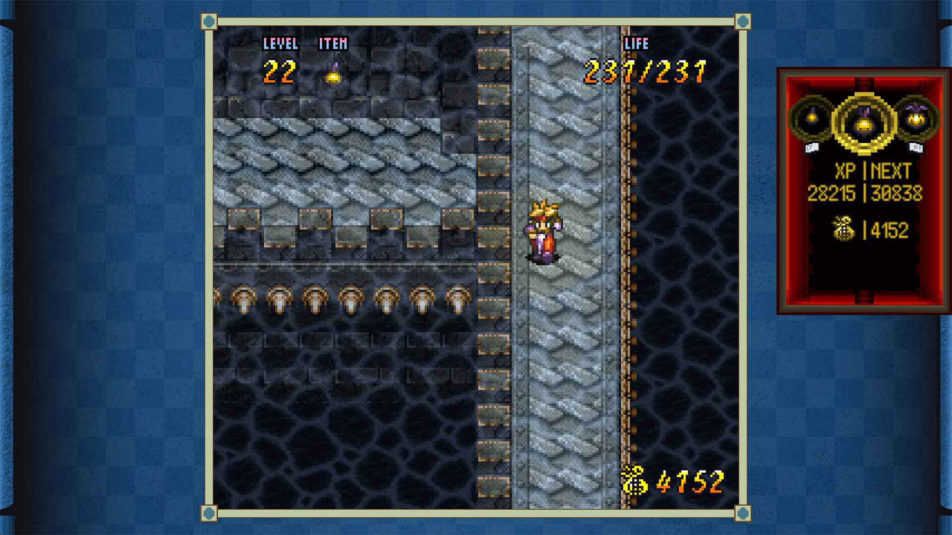 Terranigma's real-time spear combat and dungeon design, running with the re-release's optional framing.