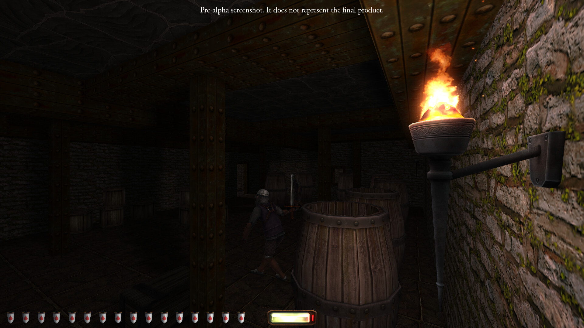 A torchlit hall of stone pillars leading to a locked keyhole door in Thief: The Dark Project Remastered