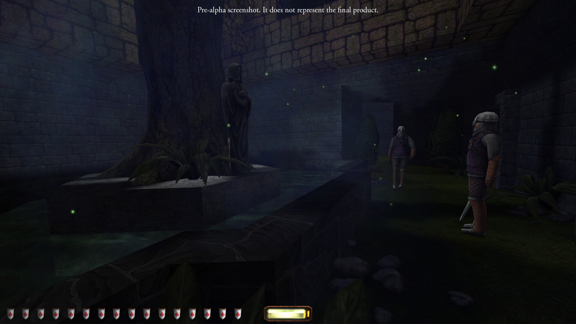 A dark courtyard in Thief: The Dark Project Remastered with guards patrolling near a statue