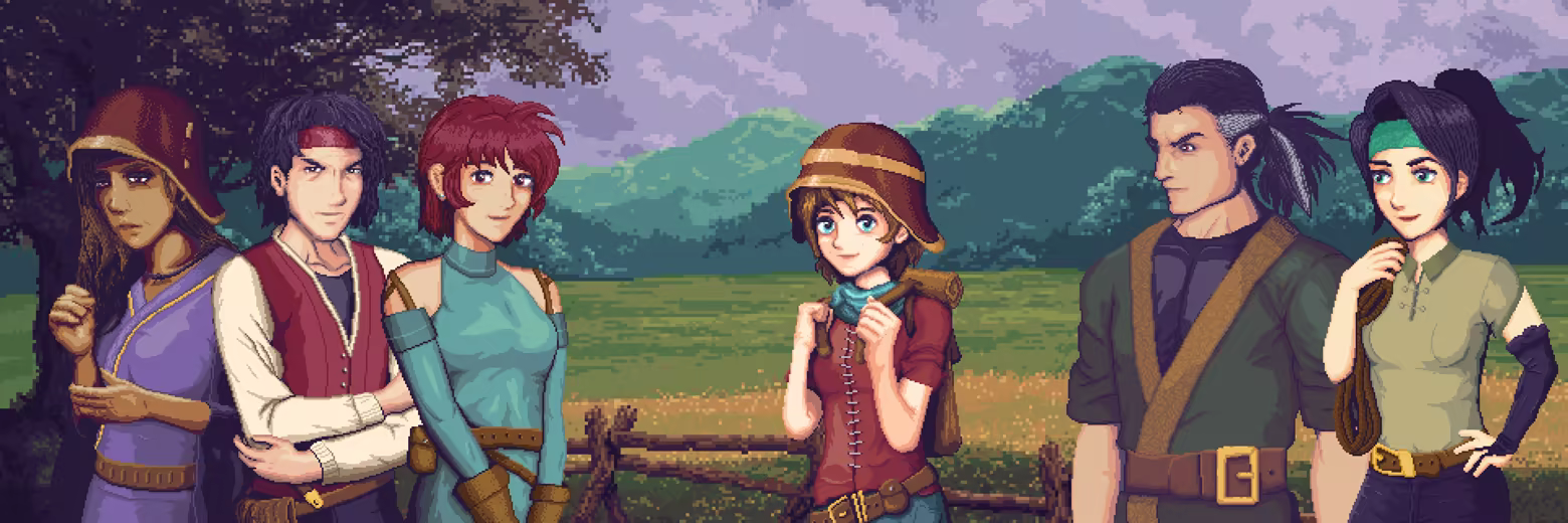 pixel art showing 6 characters in front of a mountain meadow scene