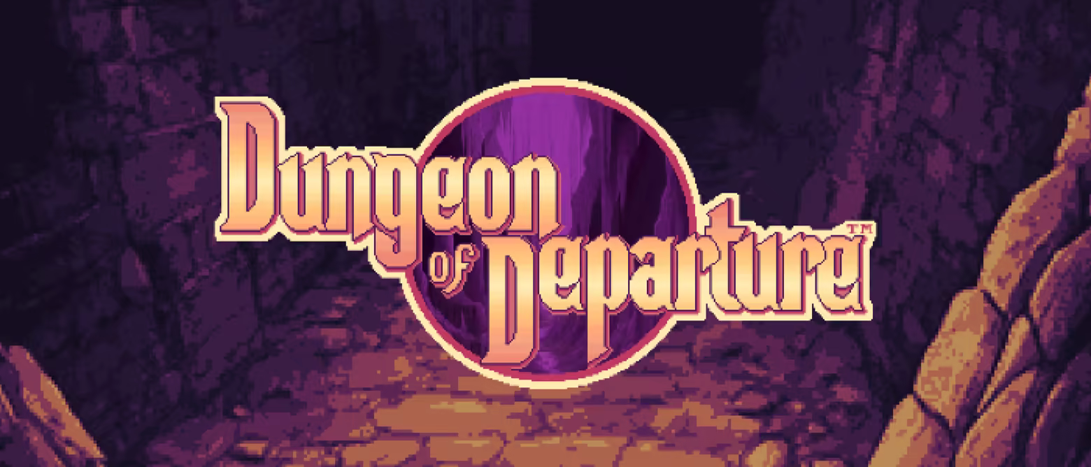 pixel art dungeon of departure logo on a purple and orange gradient pixel art dungeon hall background