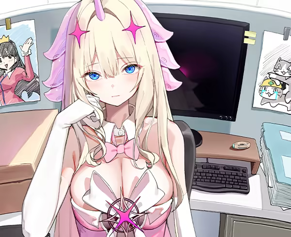 Iris, a blonde female character, sits at her office desk and looks toward the viewer with an uninterested expression.