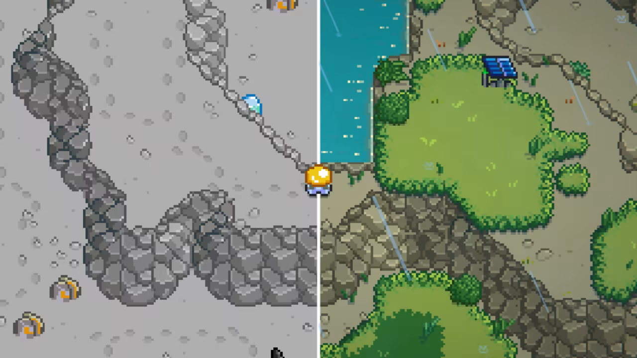 A split screen view showing the area barren and grey on the left, lush and verdant on the right.