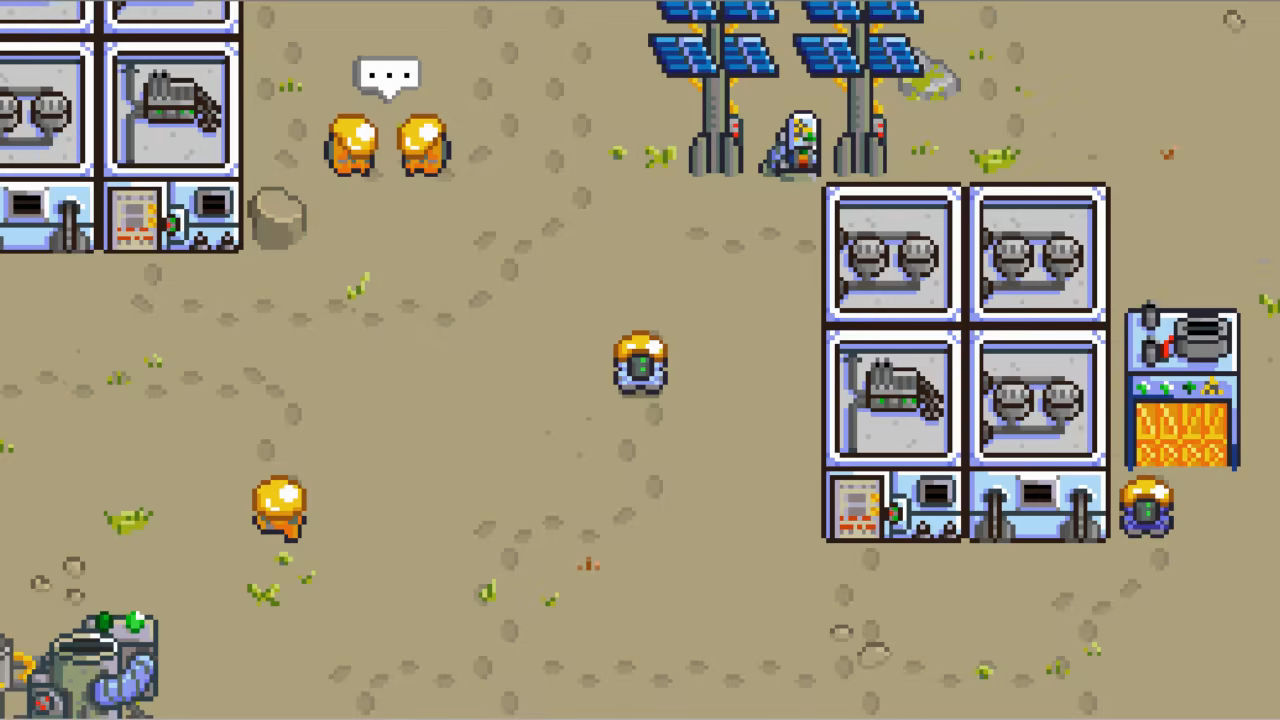 An early settlement with several NPCs - two NPCs chat with each other.