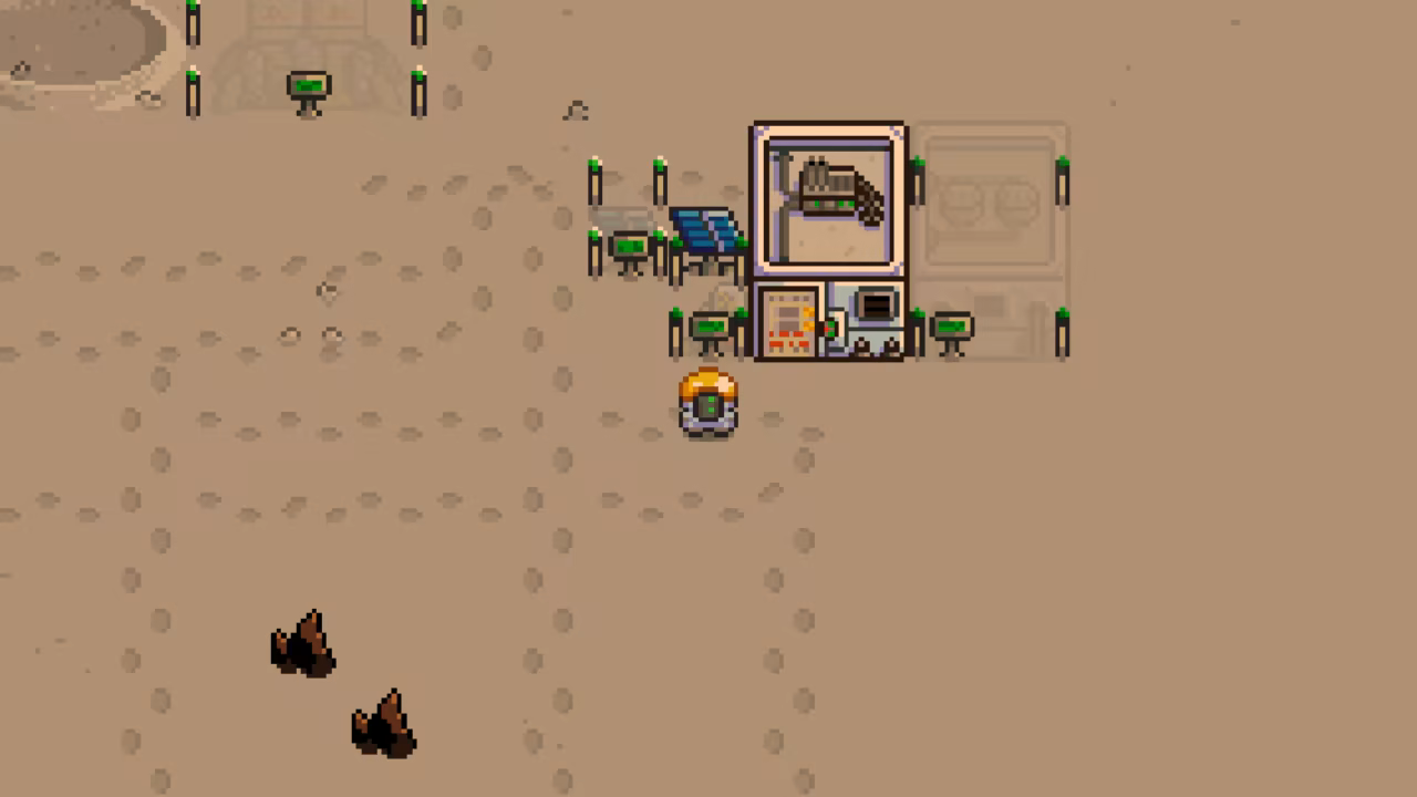 An early game scene with paths of footprints, one complete building, and several planned buildings - the player character interacts with a planned building interface.