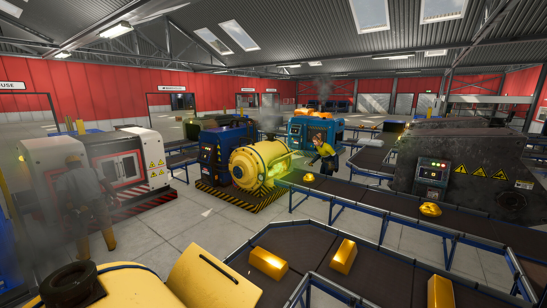 Ore Factory Squad 公式スクリーンショット 工場内でベルトコンベアと機械を使い金塊を加工する場面