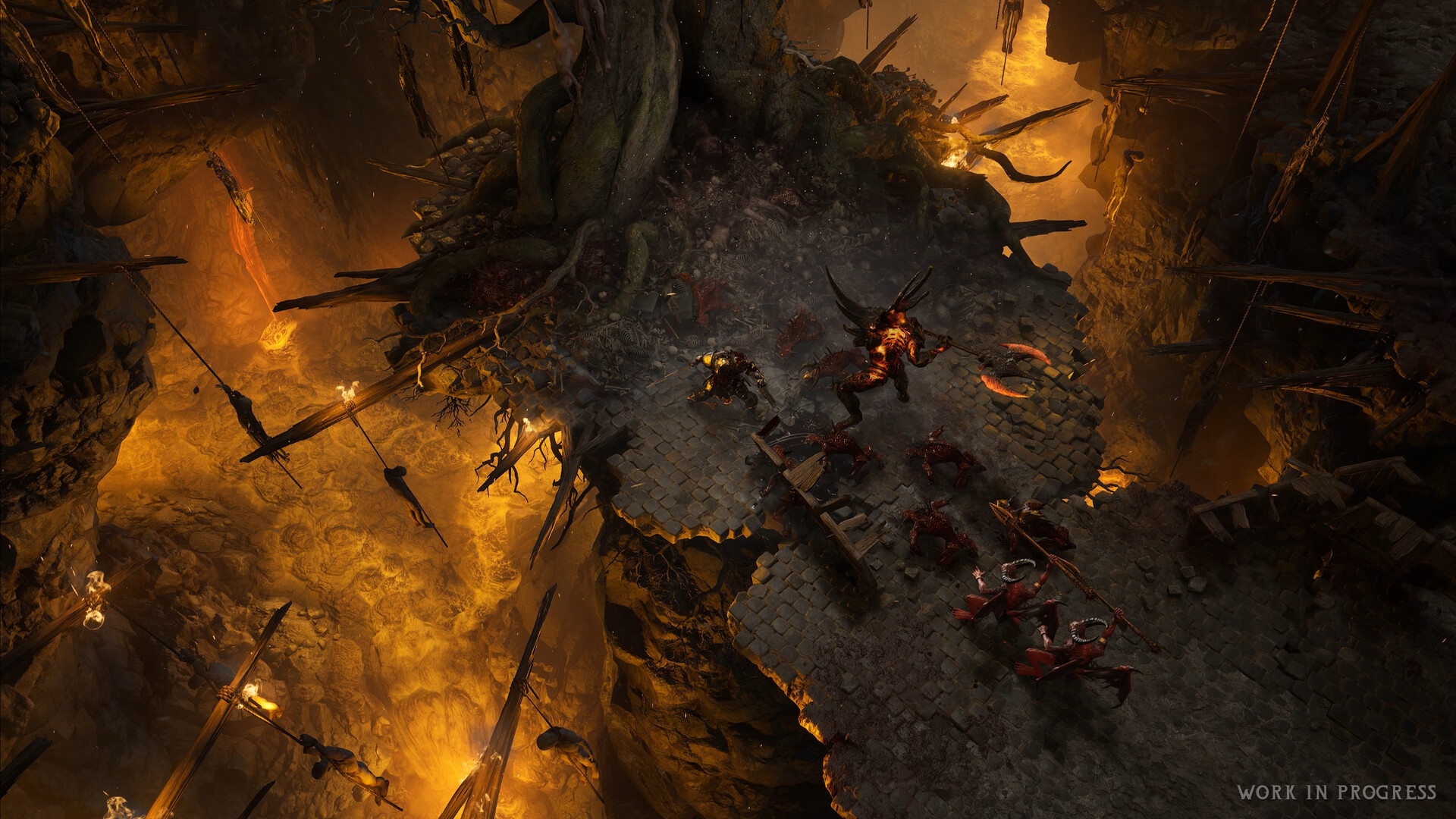 Wolcen 2 公式スクリーンショット 溶岩に照らされた地下遺跡で悪魔の群れと交戦する場面
