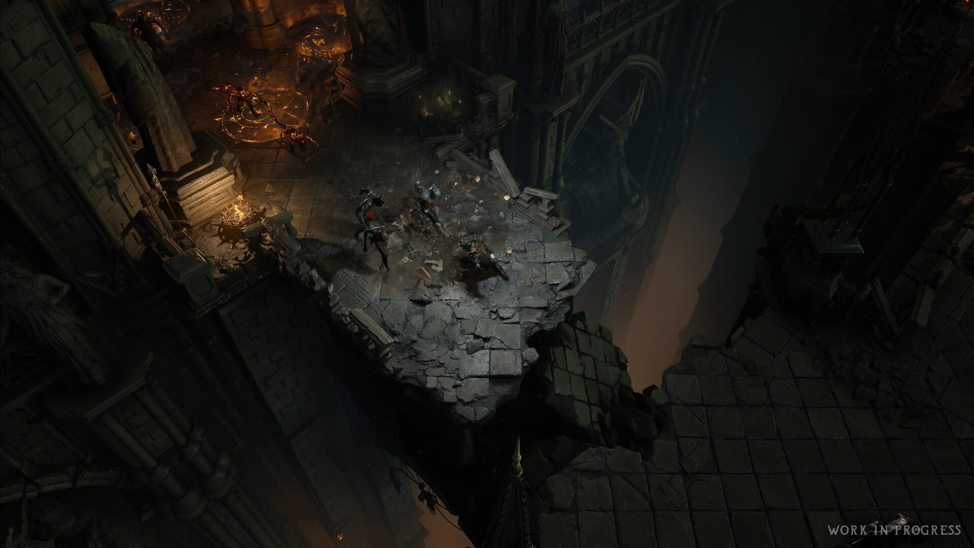 Wolcen 2 公式スクリーンショット 崩壊した大聖堂の足場で複数の敵と乱戦になる場面