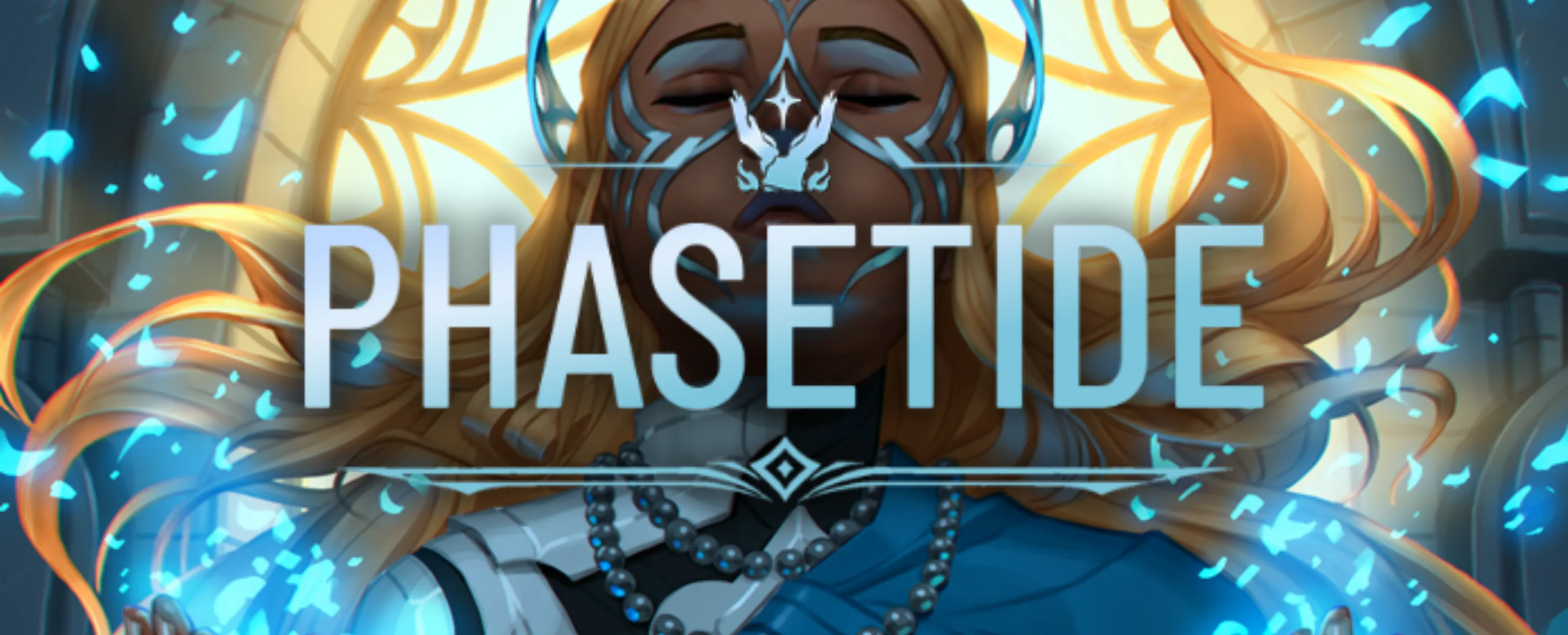 Phasetide banner, featuring Priestess Minia, a woman in prayer.