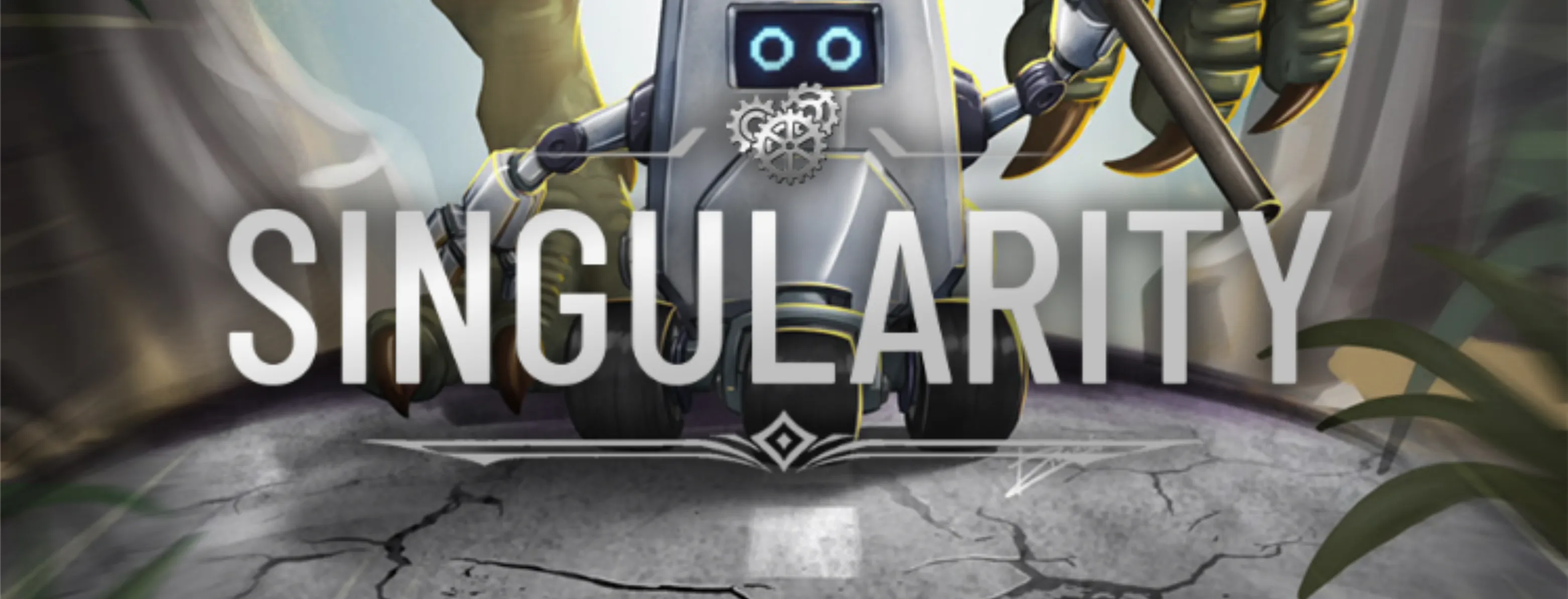 Singularity banner, featuring Traffic Conductor, a scared robot.