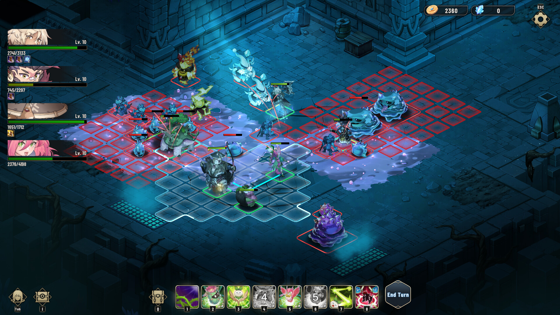 Wishseeker grid combat with a four-character party fighting in the Hollow Vault