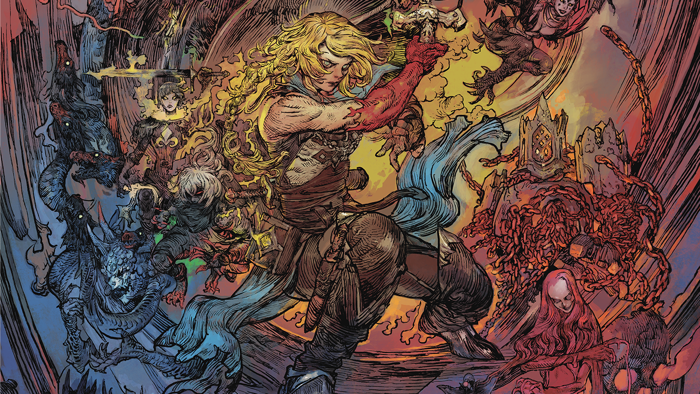 Illustrated key art for Castlevania: Belmont's Curse showing Rose Belmont surrounded by monsters and allies from the Castlevania series