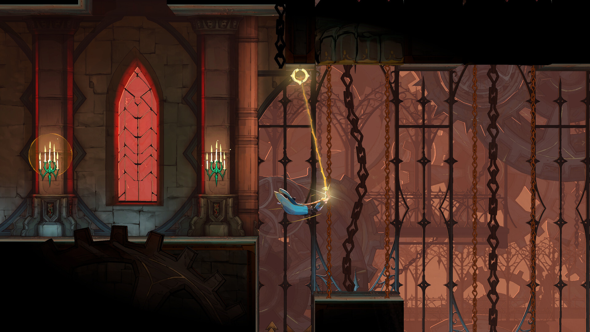 Castlevania: Belmont's Curse 公式スクリーンショット アルカナウィップを鎖に引っかけて空中を移動する場面