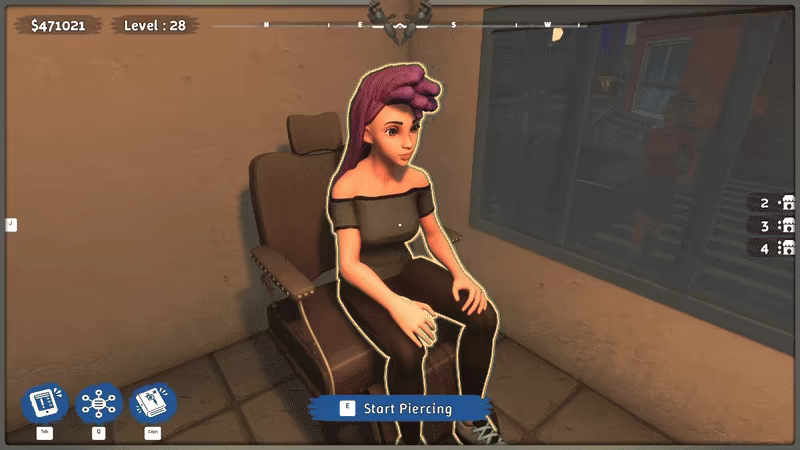 The player performs tattoos and piercings.