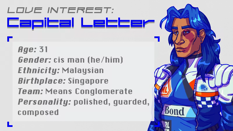 Love Interest: Capital Letter. Age: 31, Gender: cis man (he/him), Ethnicity: Malaysian, Birthplace: Singapore, Team: Means Conglomerate, Personality: polished, guarded, composed