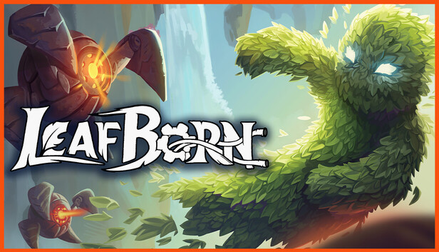 Official Leafborn Steam capsule: a leafy green creature with glowing white eyes and a body made of thousands of leaves reaches across the frame toward rusty robots with glowing orange cores, beside a white LEAFBORN wordmark (Green Cat Games)