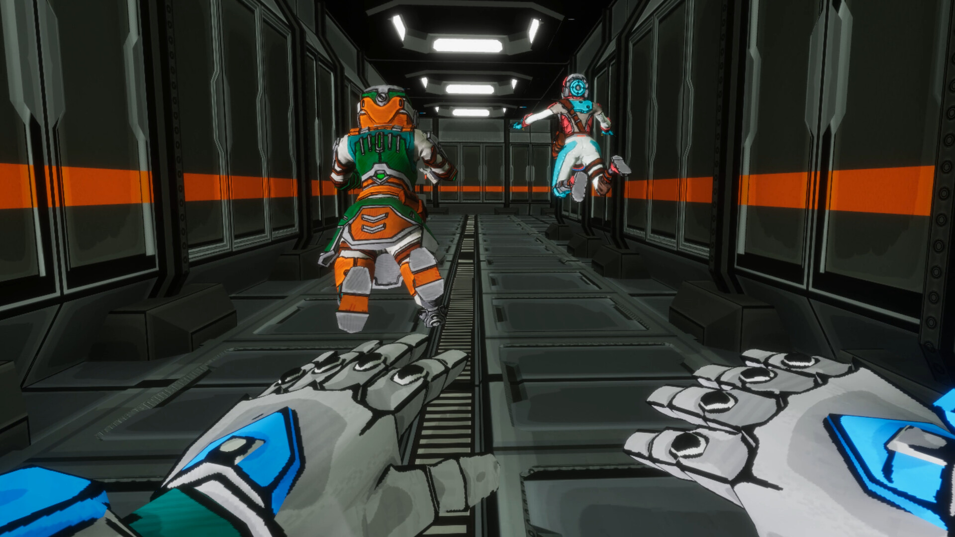 Two Sol Protocol players moving through the corridor of an abandoned station in first person