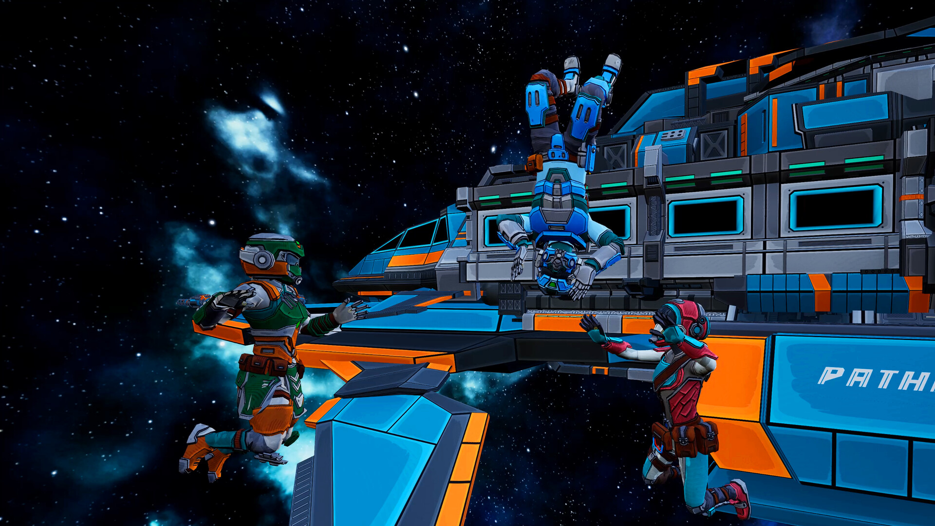 Three Sol Protocol players in spacesuits floating outside the Pathfinder near an orbital structure
