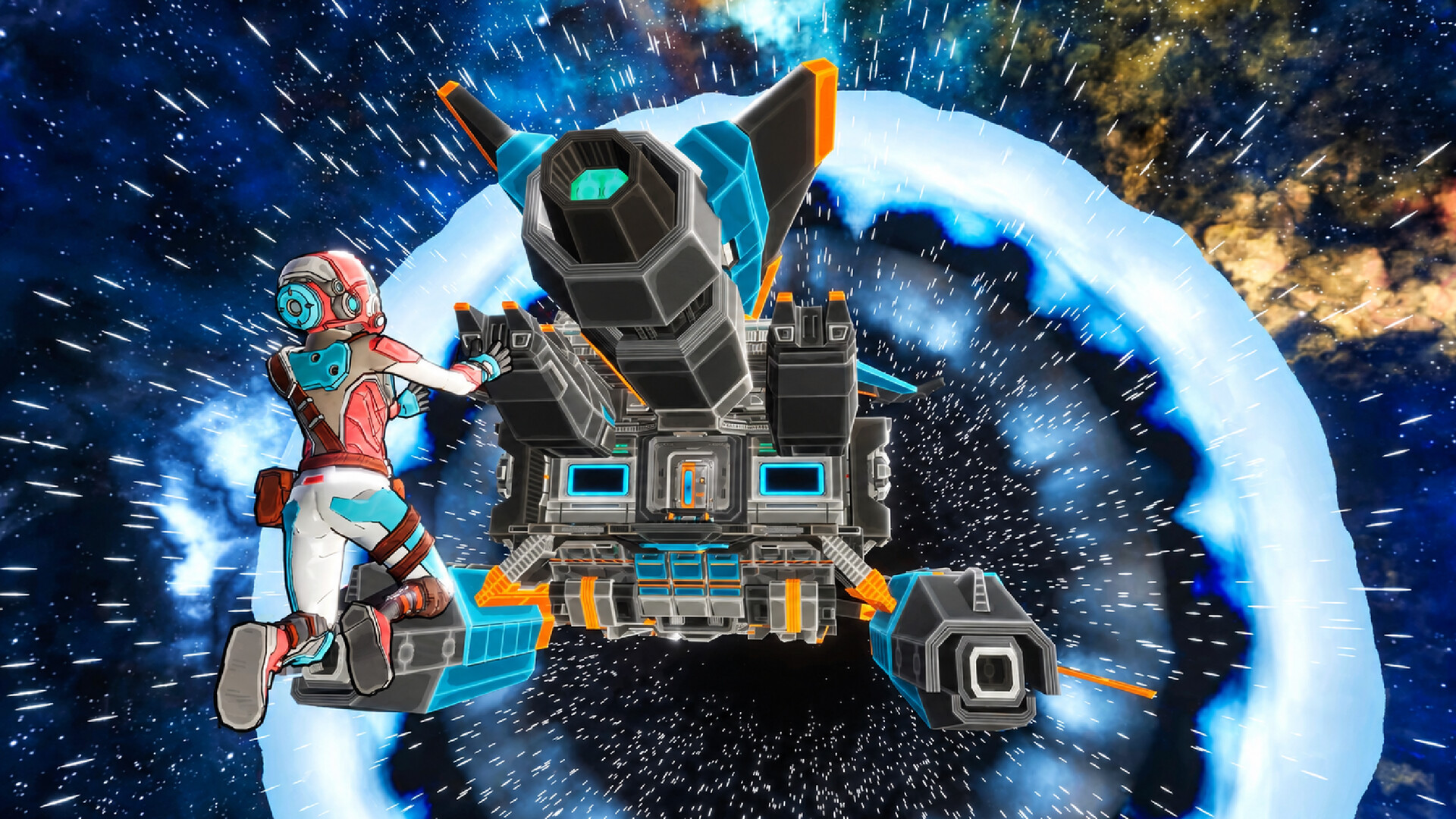 An astronaut in a pink and white suit clinging to the side of a blue and grey spaceship as it jumps through a glowing warp portal in Sol Protocol