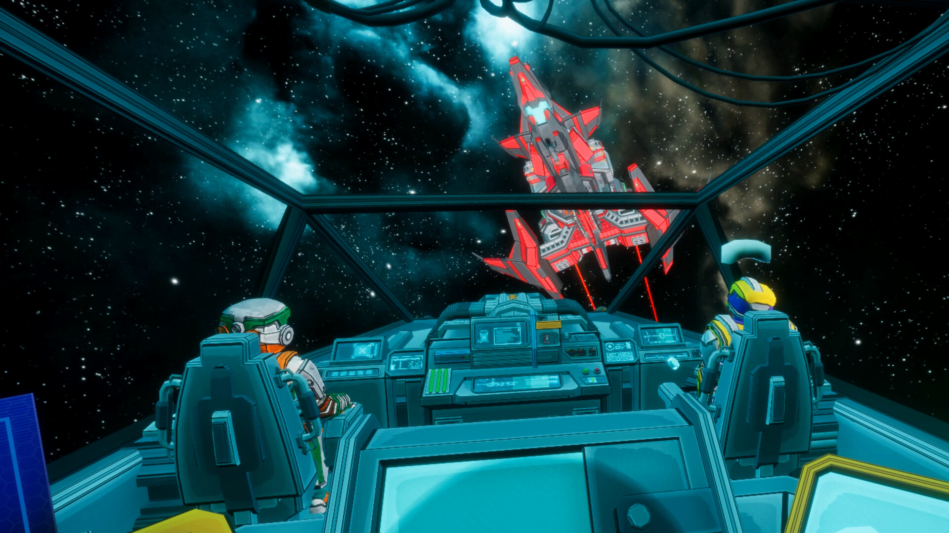 View from inside the Sol Protocol cockpit with two crew at their stations and a red enemy ship crossing the canopy