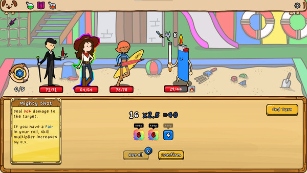 Screenshot of Dice and Daydream gameplay showing in-action mechanics
