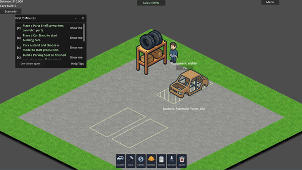 Screenshot of Car Factory Tycoon gameplay showing in-action mechanics