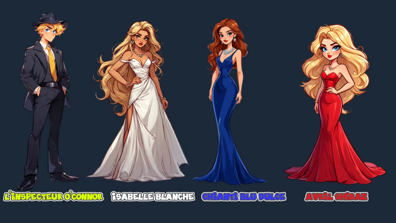 Détective O'Connor, Isabella White, Chianti Blu Dulce, April Shiraz.