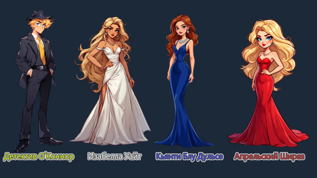 Детектив О'Коннор, Изабелла Уайт, Кьянти Блю Дульсе, Эйприл Шираз.