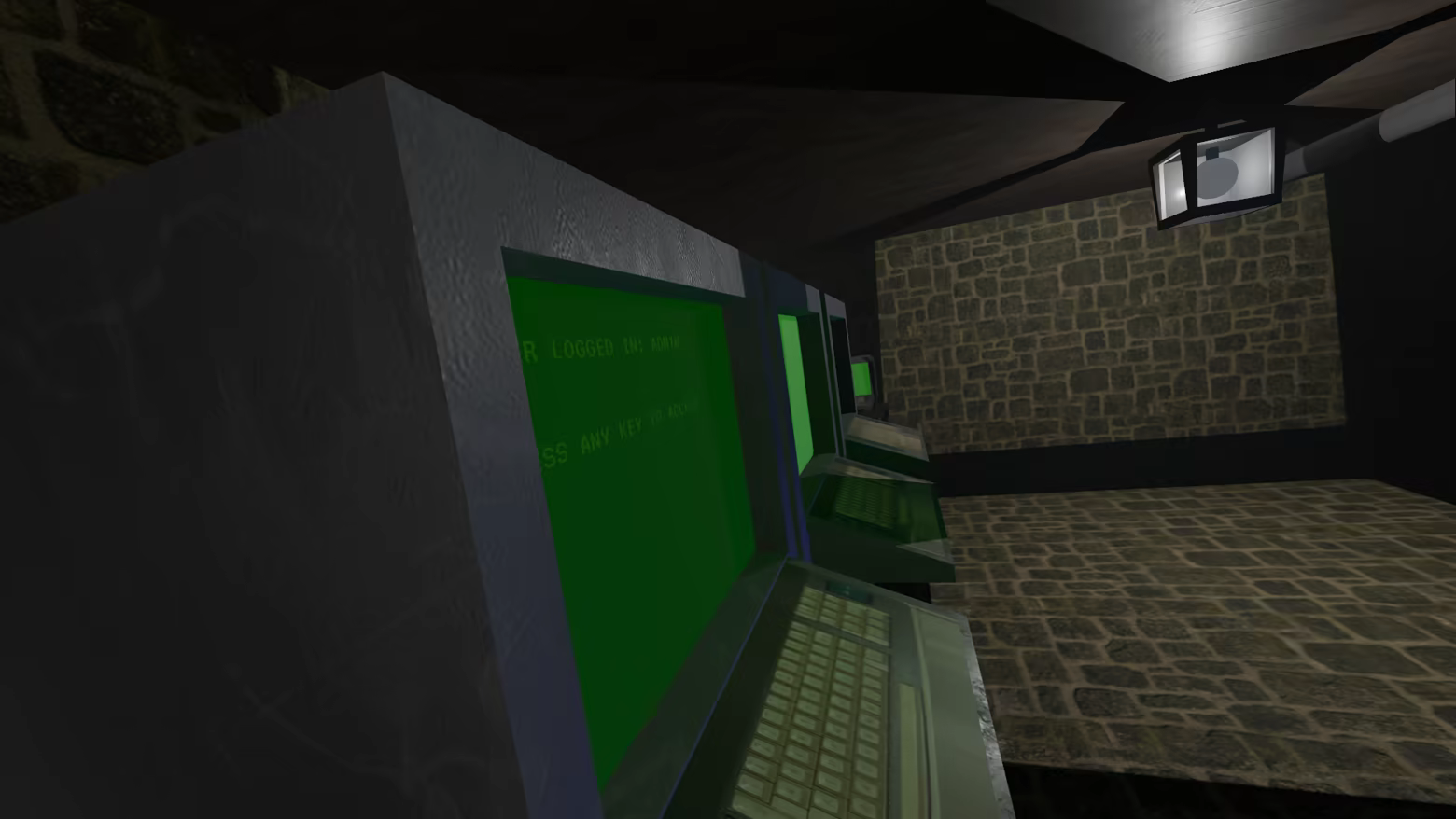 The player leans around a server and starts to hack it