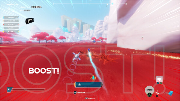 Screenshot of Indie Hoverboard Racing gameplay showing in-action mechanics
