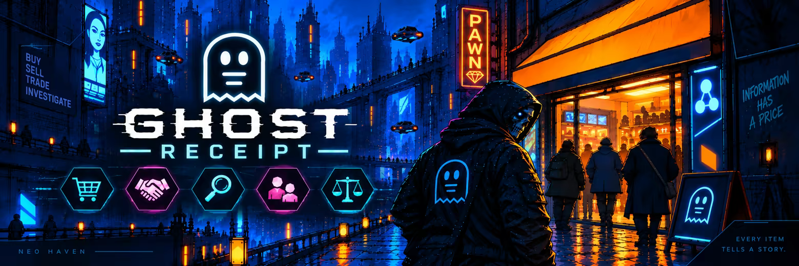 Иллюстрация из описания игры Ghost Receipt - A Cyberpunk Pawnshop Simulator